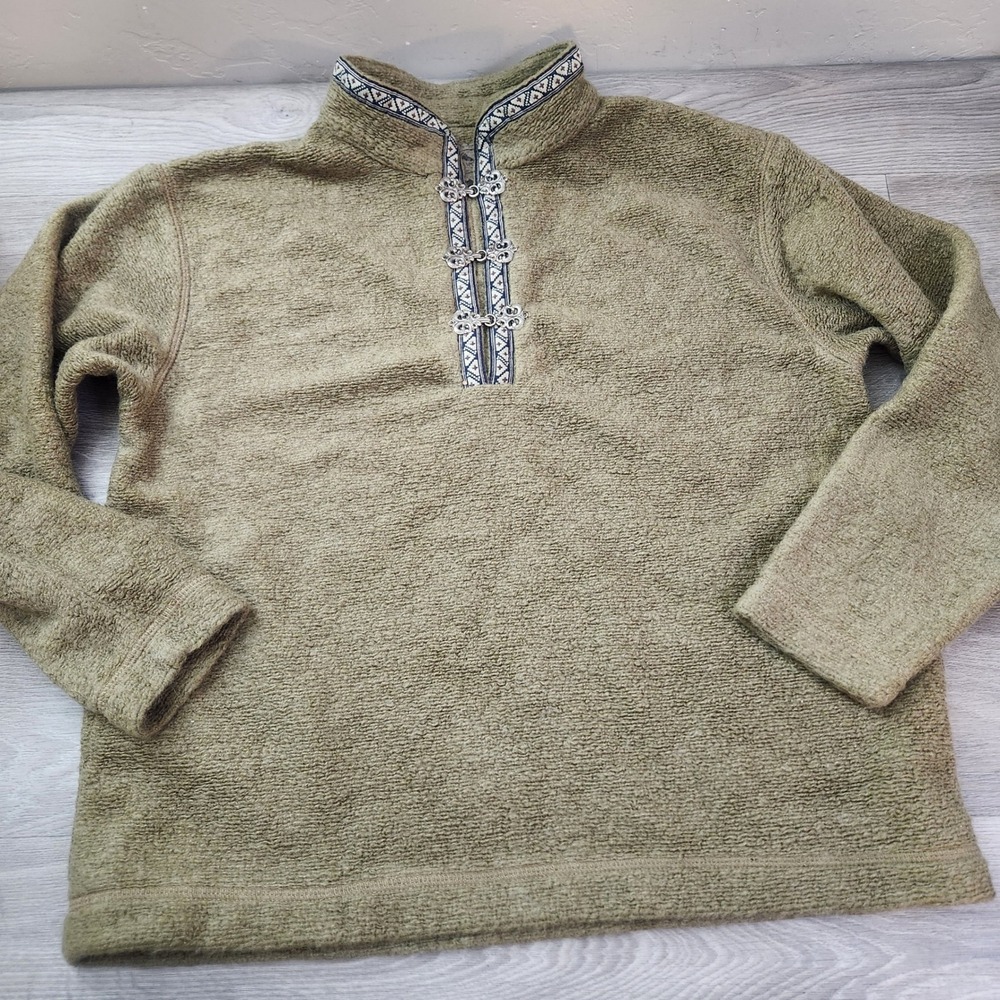 Vintage Green Brown Sierra Sport Pullover Fleece Jacket Size L Mohair Aztec Trim